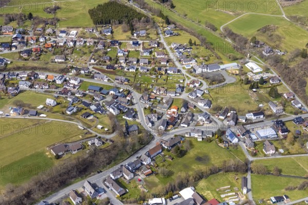 Aerial view, local view, Banfe Valley School and Protestant Church in Banfe, Bad Laasphe, Siegerland, North Rhine-Westphalia, Germany, place of worship, education, educational institution, DE, Europe, religious community, place of worship, holy place, church, parish, denomination, educational institute, aerial view, aerial photography, aerial photography, religion, religious site, school, overview, bird's-eye view, overview