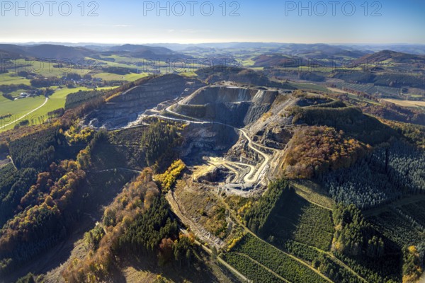 Aerial photograph, Diabaswerk Halbeswig quarry in the district of Heringhausen in Bestwig, Sauerland, North Rhine-Westphalia, Germany, Bestwig, DE, Europe, aerial view, aerial photography, aerial photography, quarry, overview, bird's-eye view, overview