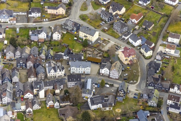Aerial view, town centre Bad Laasphe, Siegerland, North Rhine-Westphalia, Germany, old town, Bad Laasphe, DE, Europe, half-timbered houses, property tax, aerial view, aerial photography, aerial photography, overview, bird's-eye view, residential complex, living and living, residential area, residential buildings, birds-eyes view, overview
