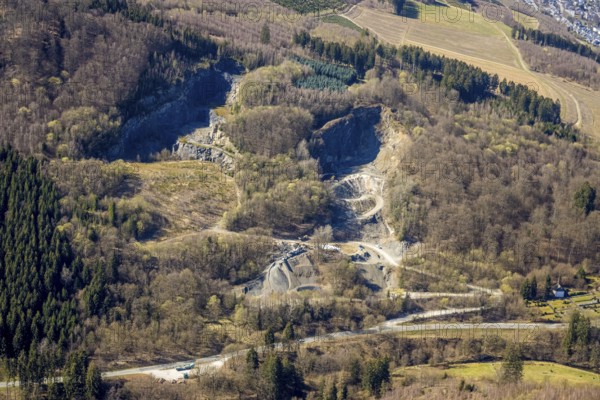 Aerial view, forest area and quarry Heringhauser Straße, Bestwig, Sauerland, North Rhine-Westphalia, Germany, DE, Europe, hilly landscape, aerial view, aerial photography, aerial photography, overview, bird's-eye view, forest area, birds-eyes view, overview
