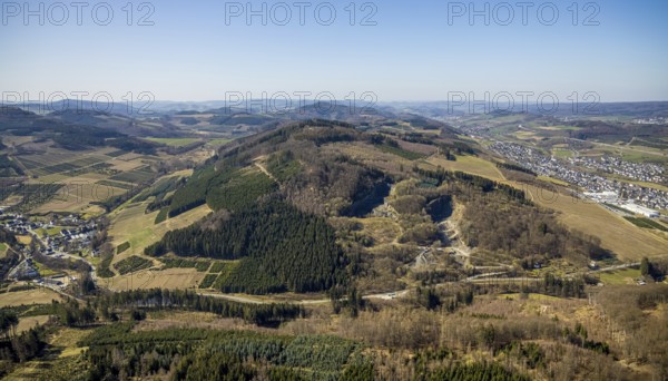Aerial view, forest area and quarry Heringhauser Straße, Bestwig, Sauerland, North Rhine-Westphalia, Germany, DE, Europe, distant view, hilly landscape, aerial view, aerial photography, aerial photography, overview, bird's-eye view, forest area, birds-eyes view, overview