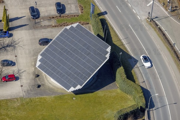 Aerial view, company building Ramspott GmbH, solar roof, Nuttlar, Bestwig, Sauerland, North Rhine-Westphalia, Germany, DE, Europe, commercial enterprises, commercial area, commercial location, commercial use, aerial view, aerial photography, aerial photography, photovoltaic, photovoltaic system, solar, solar system, solar energy, solar energy, overview, bird's-eye view, birds-eyes view, overview