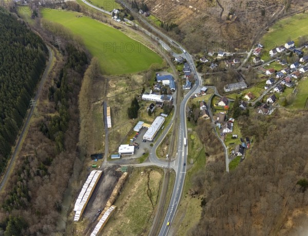 Aerial photo, Hopfengarten timber yard, Saßmannshausen town centre, Bad Laasphe, Siegerland, North Rhine-Westphalia, Germany, DE, Europe, aerial view, aerial photography, aerial photography, overview, bird's-eye view, overview