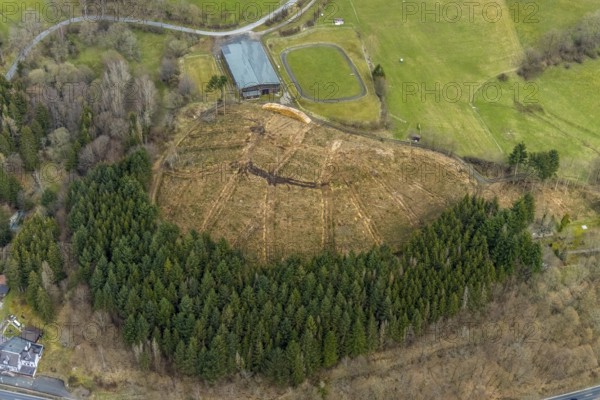 Aerial photo, forest damage in the forest area Friedwald, Saßmannshausen, Bad Laasphe, Siegerland, North Rhine-Westphalia, Germany, tree mortality, DE, Europe, aerial photo, aerial photography, aerial photography, overview, bird's eye view, forest, forest area, forest damage, forest mortality, birds-eyes view, overview, bark beetle plague, spruce mortality, clearing, tree clearing, deforestation, wood pile
