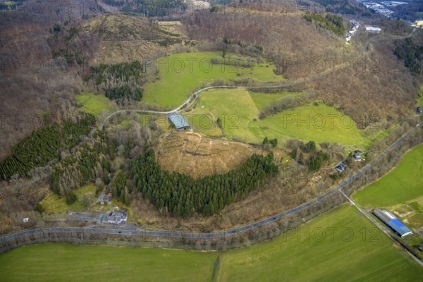 Aerial photo, forest damage in the forest area Friedwald, Saßmannshausen, Bad Laasphe, Siegerland, North Rhine-Westphalia, Germany, tree mortality, DE, Europe, aerial photo, aerial photography, aerial photography, overview, bird's eye view, forest, forest area, forest damage, forest mortality, birds-eyes view, overview, bark beetle plague, spruce mortality, clearing, tree clearing, deforestation, wood pile