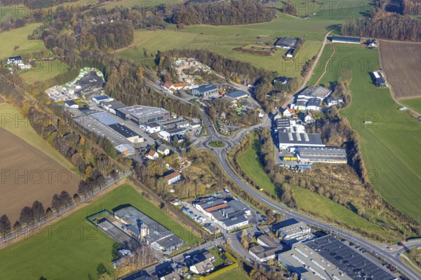 Aerial view, commercial area and art in the roundabout Am Pickhammer, Rötloh and Langenholthauser Straße in the district Garbeck in Balve, Sauerland, North Rhine-Westphalia, Germany, Balve, DE, Europe, commercial enterprises, commercial area, commercial area, commercial location, commercial use, industrial area, industrial location, roundabout, roundabout, aerial view, aerial photography, aerial photography, overview, bird's-eye view, overview
