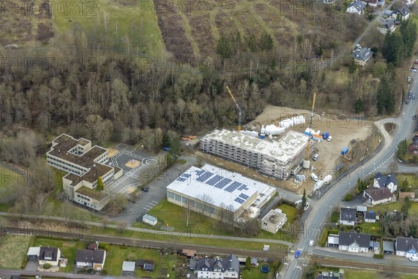Aerial view, construction site and new construction of a senior citizens' residence on the former main school grounds, Lachsbachschule, Bad Laasphe, Siegerland, North Rhine-Westphalia, Germany, retirement home, old people's home, care and nursing, DE, Europe, Gennernbach, aerial view, aerial photography, aerial photography, care facility, retirement home, retirement home, senior citizens' centre, overview, bird's-eye view, overview