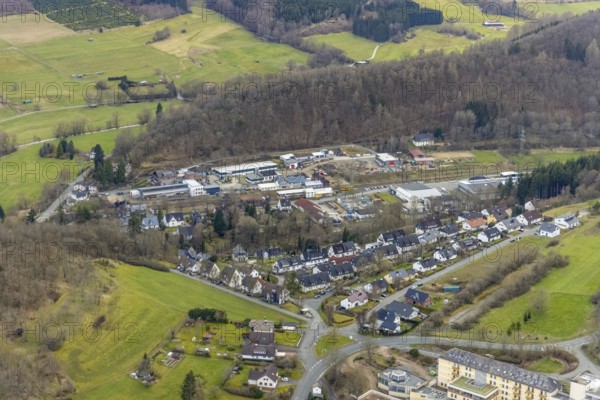 Aerial view, Kunster Weg railway station, Lindenstraße, Bad Laasphe, Siegerland, North Rhine-Westphalia, Germany, railway station, DE, Deutsche Bahn AG, Europe, aerial view, aerial photography, aerial photography, overview, bird's-eye view, overview