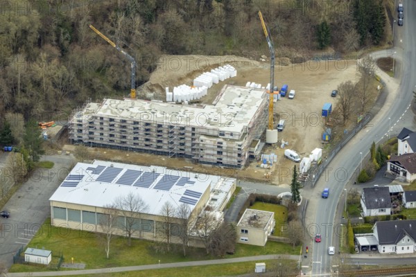 Aerial view, construction site and new construction of a senior citizens' residence on the former main school grounds, Bad Laasphe, Siegerland, North Rhine-Westphalia, Germany, retirement home, old people's home, care and nursing, DE, Europe, aerial view, aerial photography, aerial photography, care facility, retirement home, senior citizens' residence, retirement home, senior citizens' centre, overview, bird's-eye view, overview