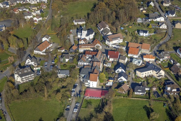 Aerial view, town centre and St. Antonius Church in the Eisborn district of Balve, Sauerland, North Rhine-Westphalia, Germany, place of worship, Balve, DE, Europe, religious community, place of worship, holy place, church, parish, denomination, aerial view, aerial photography, aerial photography, view from above, religion, religious site, town centre, city centre, overview, bird's-eye view, overview