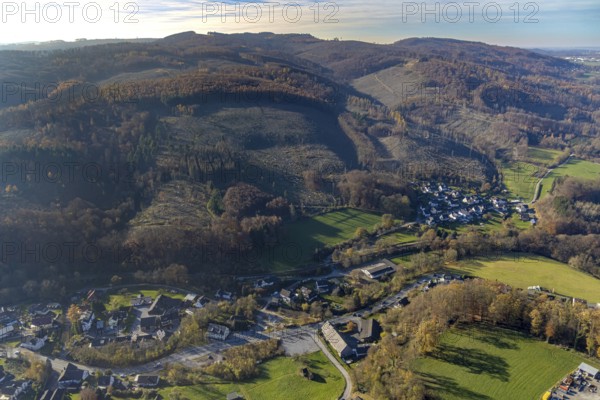 Aerial view, Binoler Berg forest area with forest damage in the district Volkringhausen in Balve, Sauerland, North Rhine-Westphalia, Germany, Balve, tree dieback, bark beetle damage, bark beetle plague, DE, Europe, spruce dieback, clear-cutting, aerial view, aerial photography, aerial photography, overview, bird's eye view, forest, forest area, forest damage, forest dieback, birds-eyes view, overview