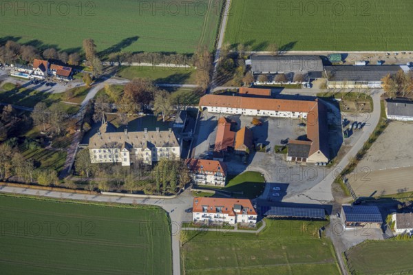 Aerial view, Wocklum Castle and Wocklum Riding Centre in the district of Beckum in Balve, Sauerland, North Rhine-Westphalia, Germany, Balve, DE, Europe, family celebrations, moat, manor house, manor building, Landsberg administration, aerial view, aerial photography, aerial photography, Orlebachtal, castle, overview, event location, event venue, bird's eye view, moated castle, birds-eyes view, cultural use, overview