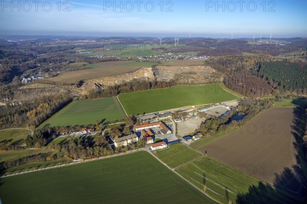 Aerial view, Wocklum Castle and Wocklum Riding Centre in the district of Beckum in Balve, Sauerland, North Rhine-Westphalia, Germany, Balve, DE, Europe, family celebrations, moat, manor house, manor building, Landsberg administration, aerial view, aerial photography, aerial photography, Orlebachtal, castle, overview, event location, event venue, bird's eye view, moated castle, birds-eyes view, cultural use, overview