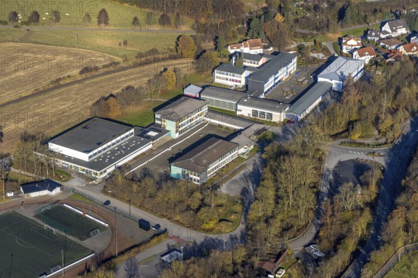 Aerial view, Städt. Gemeinschaftshauptschule and Städt. Realschule Balve and sports hall in the district of Garbeck in Balve, Sauerland, North Rhine-Westphalia, Germany, Am Krumpaul, Balve, education, educational institution, DE, Europe, educational institute, aerial view, aerial photography, aerial photography, secondary school, school, sports hall, overview, bird's eye view, bird's eye view, overview
