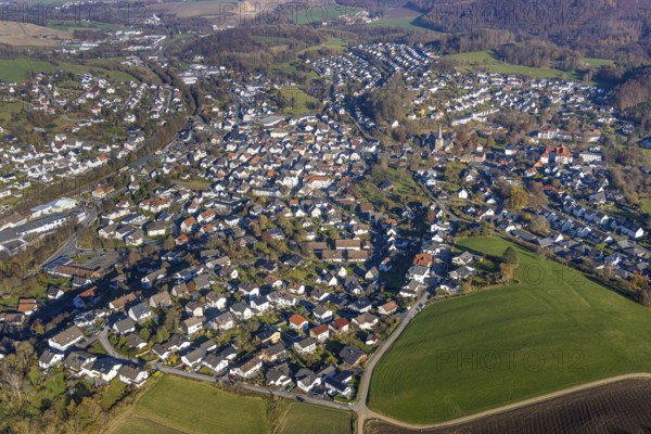 Aerial view, view to the east with St. Blasius church in Balve, Sauerland, North Rhine-Westphalia, Germany, place of worship, Balve, DE, Europe, religious community, place of worship, property tax, holy place, real estate, church, parish, denomination, aerial view, aerial photography, aerial photography, religion, religious site, overview, bird's eye view, residential area, living and life, residential area, residential buildings, quality of life, residential neighbourhood, housing estate, birds-eyes view, overview