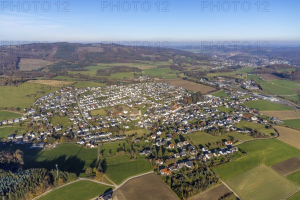 Aerial view, view of Garbeck district in Balve, Sauerland, North Rhine-Westphalia, Germany, Balve, DE, Europe, property tax, real estate, aerial view, aerial photography, aerial photography, overview, bird's eye view, residential complex, living and life, residential area, residential buildings, residential quality, residential neighbourhood, housing estate, birds-eyes view, overview