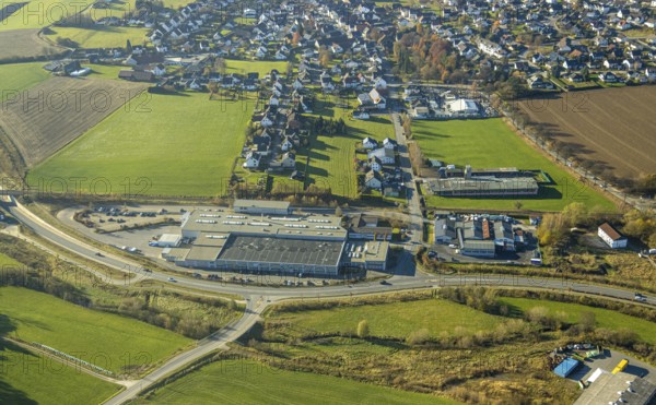 Aerial view, local view Garbeck and company premises RICKMEIER GmbH in the district Garbeck in Balve, Sauerland, North Rhine-Westphalia, Germany, Balve, DE, Europe, commercial enterprises, commercial area, commercial location, commercial use, property tax, real estate, industrial area, industrial site, Langenholthauser Straße, aerial view, aerial photography, aerial photography, overview, bird's-eye view, residential area, residential area, residential buildings, residential quality, residential neighbourhood, housing estate, birds-eyes view, overview