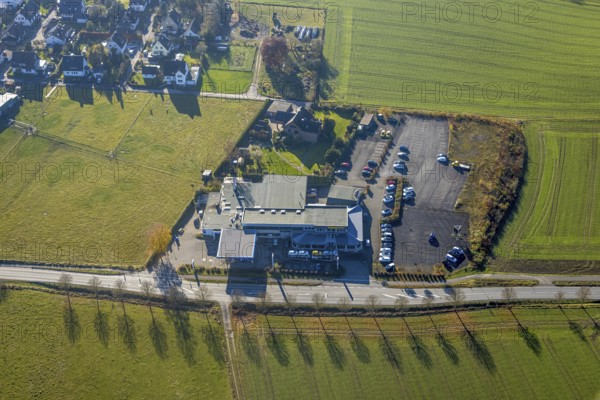 Aerial view, Aral petrol station and Opel Bichmann company premises in the district of Langenholthausen in Balve, Sauerland, North Rhine-Westphalia, Germany, Balve, DE, Europe, commercial enterprises, commercial area, commercial area, commercial location, commercial use, industrial location, aerial view, aerial photography, aerial photography, overview, bird's-eye view, overview