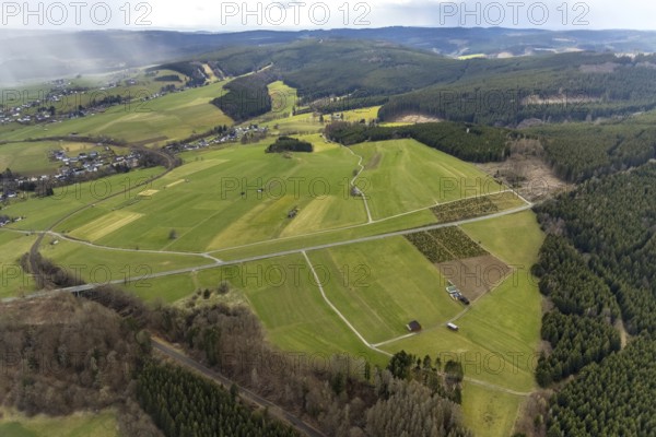 Aerial photo, forest damage in the Holzhausen forest area, Bad Laasphe, Siegerland, North Rhine-Westphalia, Germany, tree mortality, DE, Europe, aerial photo, aerial photography, aerial photography, overview, bird's-eye view, forest, forest area, forest damage, forest mortality, birds-eyes view, overview
