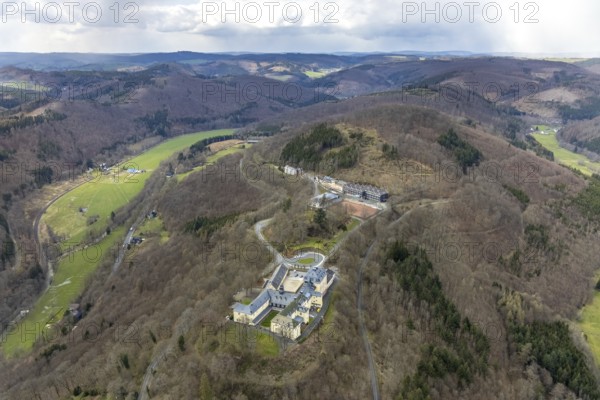 Aerial view, Schloss Wittgenstein, boarding school for girls and boys with state-recognised grammar school and secondary school, Wittgenstein-Kunst, Bad Laasphe, Siegerland, North Rhine-Westphalia, Germany, education, educational institution, castle, DE, Europe, grammar school, teaching institute, aerial photograph, aerial photography, aerial photography, secondary school, castle, school, overview, bird's-eye view, overview, bark beetle plague, spruce dieback, clearing, tree clearing, deforestation, wood pile