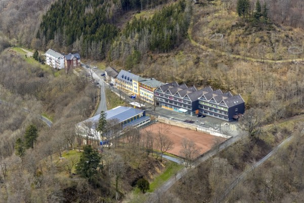 Aerial view, boarding school for girls and boys with state-recognised grammar school and secondary school at Wittgenstein Castle, Wittgenstein-Kunst, Bad Laasphe, Siegerland, North Rhine-Westphalia, Germany, education, educational institution, DE, Europe, grammar school, educational institute, aerial view, aerial photography, aerial photography, secondary school, school, overview, bird's-eye view, overview