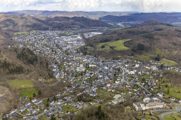 Aerial view, local view, Diakonisches Werk Wittgenstein, Designhotel AM Fang, construction site with new building August-Hermann-Francke-Haus, Städtisches Gymnasium, Bad Laasphe, Siegerland, North Rhine-Westphalia, Germany, education, educational institution, DE, Europe, gastronomy, grammar school, hotel, hotel facilities, hotel business, hilly landscape, teaching institute, aerial view, aerial photography, aerial photography, school, overview, bird's-eye view, forest, forest area, birds-eyes view, overview