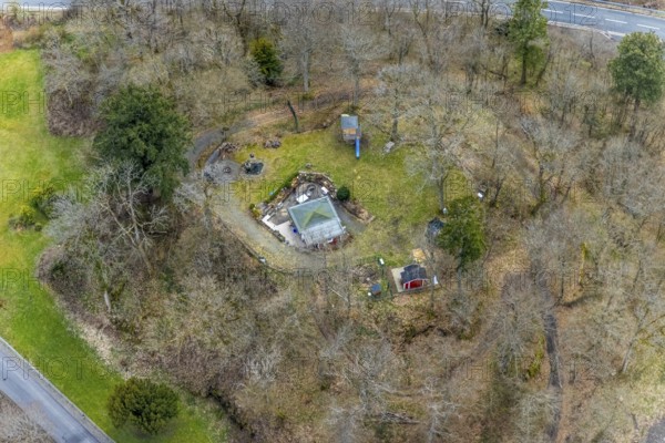 Aerial view, rest area at Wittgenstein Castle, Wittgenstein-Kunst, Bad Laasphe, Siegerland, North Rhine-Westphalia, Germany, DE, Europe, aerial view, aerial photography, aerial photography, overview, bird's-eye view, overview
