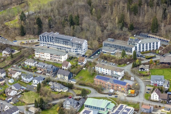 Aerial view, site view, Diakonisches Werk Wittgenstein, Designhotel AM Fang, construction site with new building August-Hermann-Francke-Haus, Bad Laasphe, Siegerland, North Rhine-Westphalia, Germany, DE, Europe, gastronomy, hotel, hotel facilities, hotel business, aerial view, aerial photography, aerial photography, overview, bird's-eye view, overview