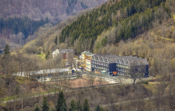 Aerial view, boarding school for girls and boys with state-recognised grammar school and secondary school at Wittgenstein Castle, Wittgenstein-Kunst, Bad Laasphe, Siegerland, North Rhine-Westphalia, Germany, education, educational institution, DE, Europe, grammar school, educational institute, aerial view, aerial photography, aerial photography, secondary school, school, overview, bird's-eye view, overview