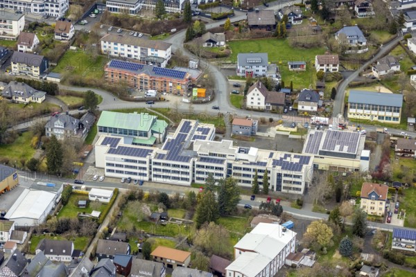 Aerial view, Städtisches Gymnasium, construction site with new building August-Hermann-Francke-Haus, Bad Laasphe, Siegerland, North Rhine-Westphalia, Germany, DE, Europe, aerial view, aerial photography, aerial photography, photovoltaics, photovoltaic system, solar, solar system, solar energy, solar energy, overview, bird's-eye view, bird's-eye view, overview