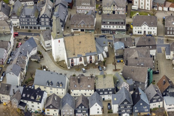 Aerial view, Protestant church at the church square in Bad Laasphe, Siegerland, North Rhine-Westphalia, Germany, place of worship, Bad Laasphe, DE, Europe, religious community, place of worship, holy place, church, parish, denomination, aerial view, aerial photography, aerial photography, North Rhine-Westphalia, religion, religious site, overview, bird's-eye view, birds-eyes view, overview