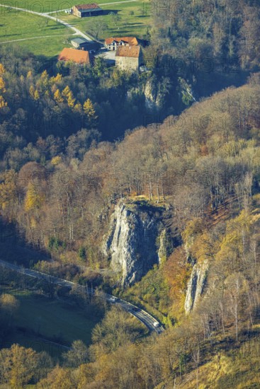 Aerial view, Reckenhöhle dripstone cave in the autumnal forest in the district Volkringhausen in Balve, Sauerland, North Rhine-Westphalia, Germany, Balve, DE, Europe, Hönnetal, aerial view, aerial photography, aerial photography, sight, dripstone cave, overview, bird's eye view, birds-eyes view, overview