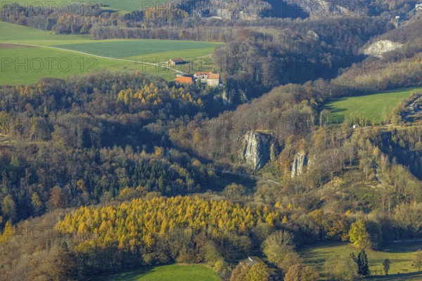 Aerial view, Reckenhöhle dripstone cave in the autumnal forest in the district Volkringhausen in Balve, Sauerland, North Rhine-Westphalia, Germany, Balve, DE, Europe, Hönnetal, aerial view, aerial photography, aerial photography, sight, dripstone cave, overview, bird's eye view, birds-eyes view, overview