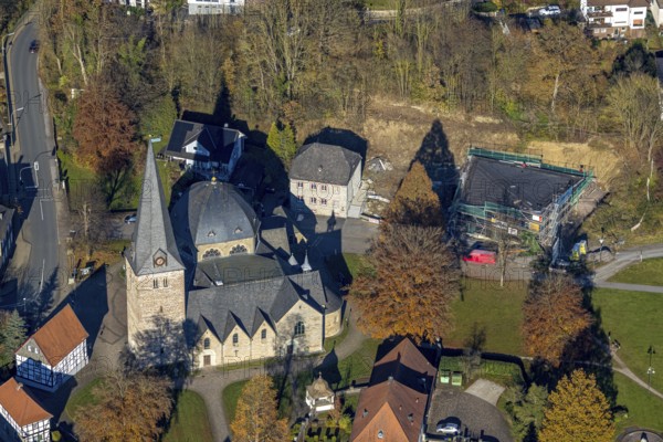Aerial view, church St. Blasius and construction site with new building of the Balve parish home on Dechant-Löcker-Weg in Balve, Sauerland, North Rhine-Westphalia, Germany, place of worship, Balve, construction work, construction area, construction site, building plots, construction project, construction site, DE, Europe, religious community, place of worship, holy place, church, parish, denomination, aerial photograph, aerial photography, aerial photography, new building, religion, religious site, overview, bird's-eye view, overview