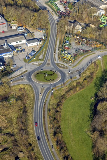 Aerial view, commercial area and art in the roundabout Am Pickhammer, Rötloh and Langenholthauser Straße in the district Garbeck in Balve, Sauerland, North Rhine-Westphalia, Germany, Balve, DE, Europe, commercial enterprises, commercial area, commercial area, commercial location, commercial use, industrial area, industrial location, roundabout, roundabout, aerial view, aerial photography, aerial photography, overview, bird's-eye view, overview