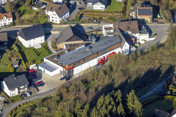 Aerial view, company premises of the gold bakery Grote in the district Langenholthausen in Balve, Sauerland, North Rhine-Westphalia, Germany, Balve, DE, Europe, commercial enterprises, commercial area, commercial area, commercial location, commercial use, aerial view, aerial photography, aerial photography, overview, bird's-eye view, overview