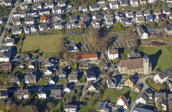 Aerial view, Kath. Church Heilige-Drei-Könige and cemetery Garbeck as well as kindergarten in the district Garbeck in Balve, Sauerland, North Rhine-Westphalia, Germany, place of worship, Balve, burial place, DE, Europe, cemetery, memorial, religious community, place of worship, house of God, graves, cemetery, holy place, kindergarten, day-care centre, nursery, church, parish, day-care centre, denomination, aerial view, aerial photography, aerial photography, religion, religious site, resting place, overview, bird's-eye view, birds-eyes view, overview