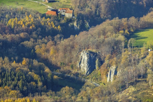 Aerial view, Reckenhöhle dripstone cave in the autumnal forest in the district Volkringhausen in Balve, Sauerland, North Rhine-Westphalia, Germany, Balve, DE, Europe, Hönnetal, aerial view, aerial photography, aerial photography, sight, dripstone cave, overview, bird's eye view, birds-eyes view, overview