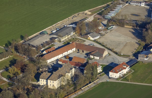 Aerial view, Wocklum Castle and Wocklum Riding Centre in the district of Beckum in Balve, Sauerland, North Rhine-Westphalia, Germany, Balve, DE, Europe, family celebrations, moat, manor house, manor building, Landsberg administration, aerial view, aerial photography, aerial photography, Orlebachtal, castle, overview, event location, event venue, bird's eye view, moated castle, birds-eyes view, cultural use, overview