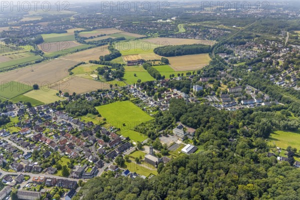 Aerial view, Protestant Martin Luther Church and conversion of the former castle school for new Jahn School with view of Oberaden, Bergkamen, Ruhr area, North Rhine-Westphalia, Germany, place of worship, education, educational institution, DE, Europe, religious community, place of worship, holy place, church, parish, denomination, educational institute, aerial view, aerial photography, aerial photography, religion, religious site, school, overview, bird's-eye view, birds-eyes view, overview