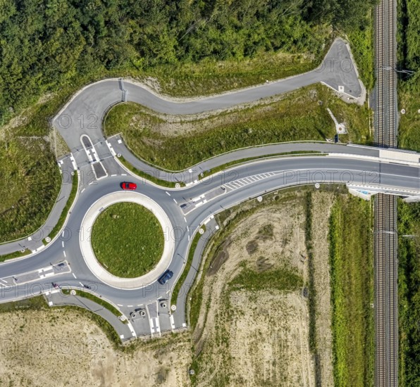 Aerial view, construction site and new roundabout at the Wasserstadt Aden in Oberaden, Bergkamen, Ruhr area, North Rhine-Westphalia, Germany, construction work, construction area, construction site, construction project, construction site, DE, Europe, shapes and colours, roundabout, roundabout, aerial photograph, aerial photography, aerial photography, new construction, overview, bird's-eye view, overview