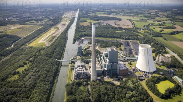 Aerial photograph, Bergkamen power station on the Datteln-Hamm canal in the Heil district, Bergkamen, Ruhr area, North Rhine-Westphalia, Germany, DE, Europe, canal, power station, aerial photograph, aerial photography, aerial photography, coal-fired power station, overview, bird's-eye view, overview