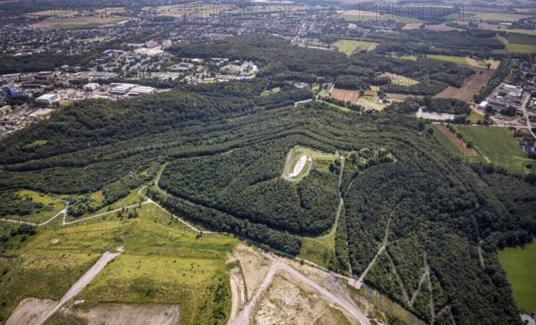 Aerial view, Großes Holz spoil tip with Adener Höhe and light column in Weddinghofen, Bergkamen, Ruhr area, North Rhine-Westphalia, Germany, spoil tip, DE, Europe, landscape construction, light column, aerial view, aerial photography, aerial photography, aerial view, sight, overview, bird's eye view, overview