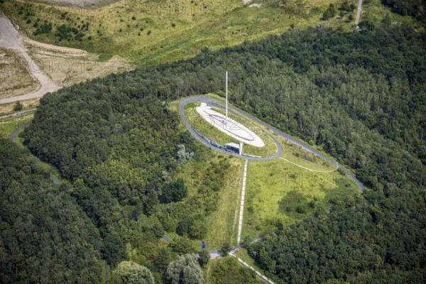 Aerial view, Großes Holz spoil tip with Adener Höhe and light column in Weddinghofen, Bergkamen, Ruhr area, North Rhine-Westphalia, Germany, spoil tip, DE, Europe, landscape construction, light column, aerial view, aerial photography, aerial photography, aerial view, sight, overview, bird's eye view, overview