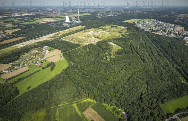 Aerial view, Großes Holz spoil tip with Adener Höhe and Bergkamen mine in Weddinghofen, Bergkamen, Ruhr area, North Rhine-Westphalia, Germany, spoil tip, DE, Europe, power station, landscape construction, light column, aerial photograph, aerial photography, aerial photography, sight, coal-fired power station, overview, bird's-eye view, overview