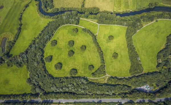 Aerial view, Former landfill site at the river Lippe and wooded area at Westenhellweg in Rünthe, Bergkamen, Ruhr area, North Rhine-Westphalia, Germany, DE, Europe, Shapes and colours, Green trees, Aerial view, Aerial photography, Aerial photography, Overview, Bird's-eye view, Wooded area, Wooded area, birds-eyes view, overview