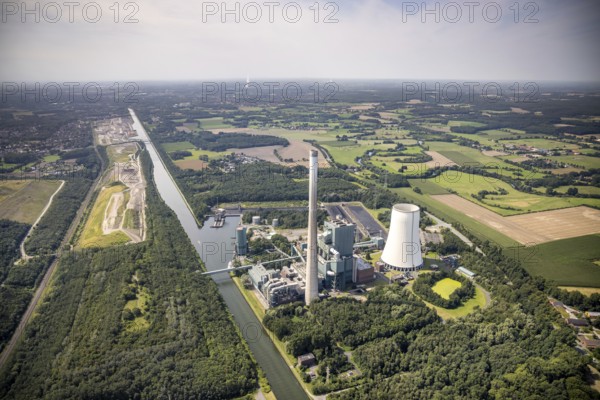 Aerial photograph, Bergkamen power station on the Datteln-Hamm canal in the Heil district, Bergkamen, Ruhr area, North Rhine-Westphalia, Germany, DE, Europe, canal, power station, aerial photograph, aerial photography, aerial photography, coal-fired power station, overview, bird's-eye view, overview