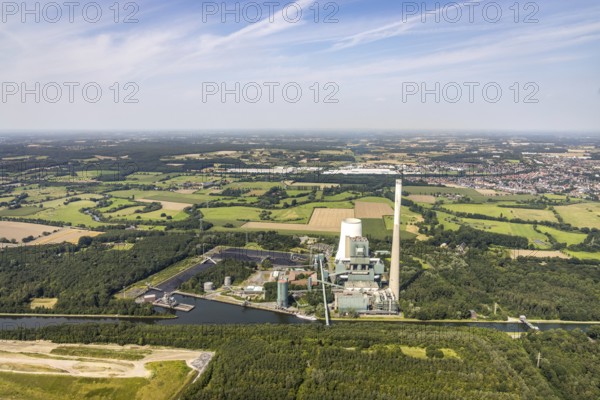 Aerial photograph, Bergkamen power station on the Datteln-Hamm canal in the Heil district, Bergkamen, Ruhr area, North Rhine-Westphalia, Germany, DE, Europe, canal, power station, aerial photograph, aerial photography, aerial photography, coal-fired power station, overview, bird's-eye view, overview