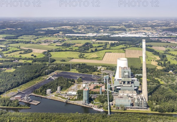 Aerial photograph, Bergkamen power station on the Datteln-Hamm canal in the Heil district, Bergkamen, Ruhr area, North Rhine-Westphalia, Germany, DE, Europe, canal, power station, aerial photograph, aerial photography, aerial photography, coal-fired power station, overview, bird's-eye view, overview