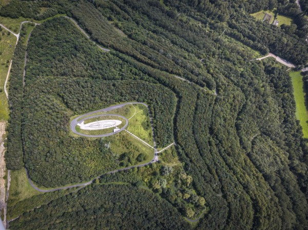 Aerial view, Großes Holz spoil tip with Adener Höhe and light column in Weddinghofen, Bergkamen, Ruhr area, North Rhine-Westphalia, Germany, spoil tip, DE, Europe, landscape construction, light column, aerial view, aerial photography, aerial photography, aerial view, sight, overview, bird's eye view, overview